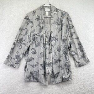 Alfred Dunner Womens Cardigan Sweater‎ Size Large Gray Floral Removable Necklace